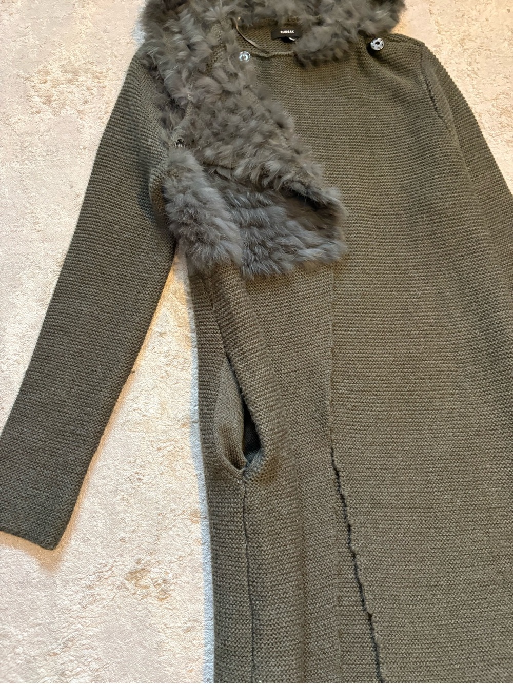 RUDSAK Olive Green Knit Longline Cardigan Real Fur Hood Duster Size Medium - Picture 9 of 16